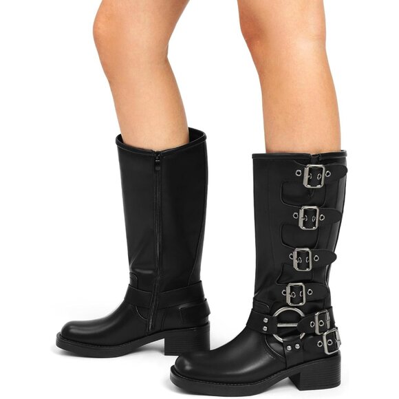 Women's Black-zipper Dream Pairs Knee High Riding Side Zipper Chunky Heel Boots - Picture 9 of 9